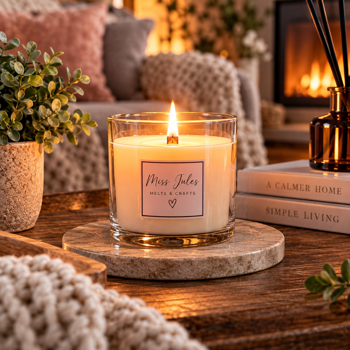A lit scented candle creating a warm and cosy atmosphere in a home, illustrating safe candle burning and candle care tips.