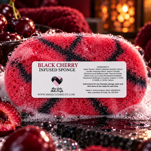 Black Cherry soap infused shower sponge containing 150g of fragranced soap by Miss Jules Melts & Crafts.