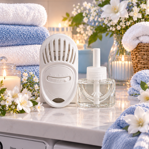 Clean Linen plug-in diffuser kit with a fresh laundry-inspired fragrance by Miss Jules Melts & Crafts.