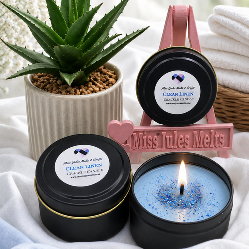 Clean Linen scented candle in a 4oz tin by Miss Jules Melts & Crafts.
