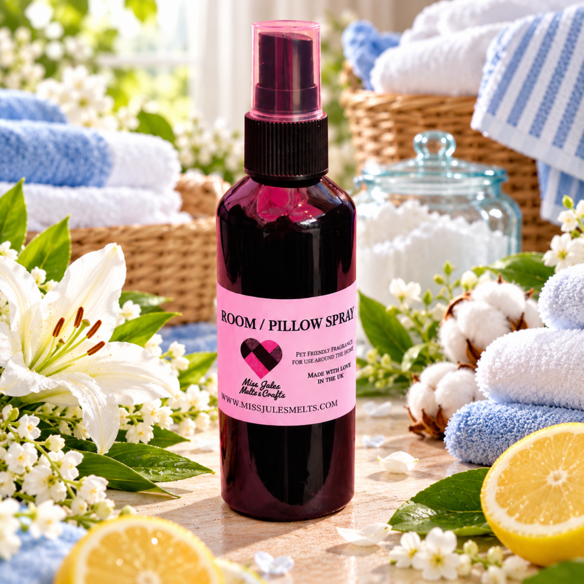 100ml cleaning inspired water-based room spray by Miss Jules Melts & Crafts with a choice of fresh laundry and clean linen fragrances.
