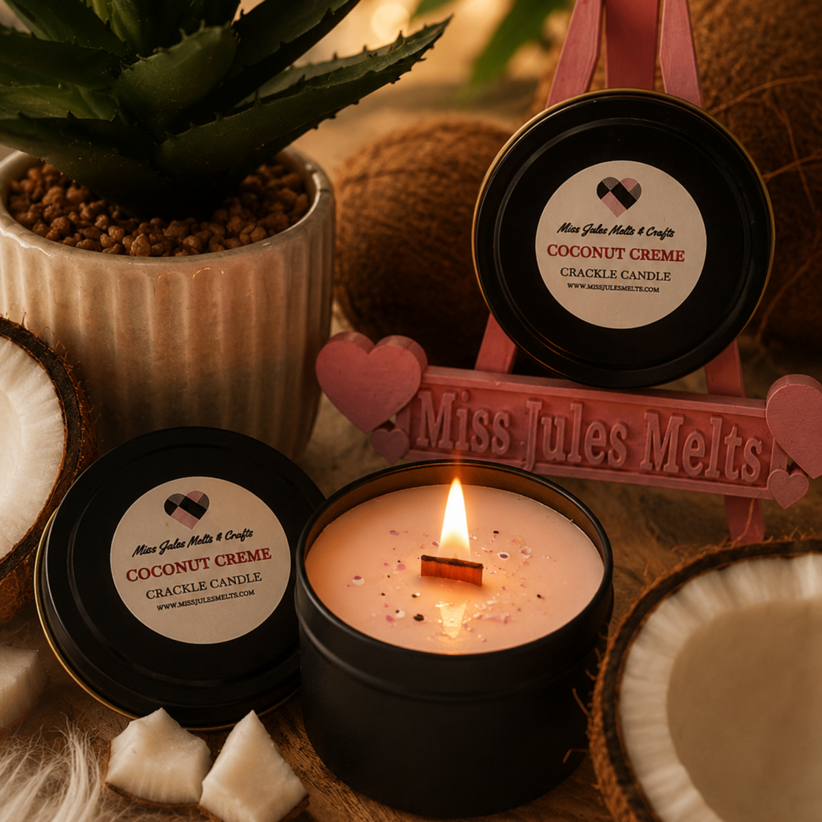 Coconut Crème scented wooden wick candle in a 4oz tin by Miss Jules Melts & Crafts.
