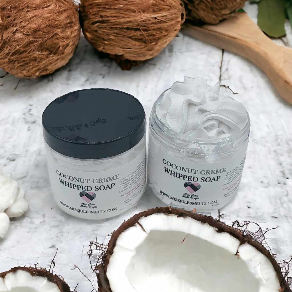 200ml pot of Coconut Creme Whipped Soap with a sweet, creamy coconut fragrance by Miss Jules Melts & Crafts.