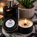 Creed-inspired scented wooden wick candle in a 4oz tin by Miss Jules Melts & Crafts.