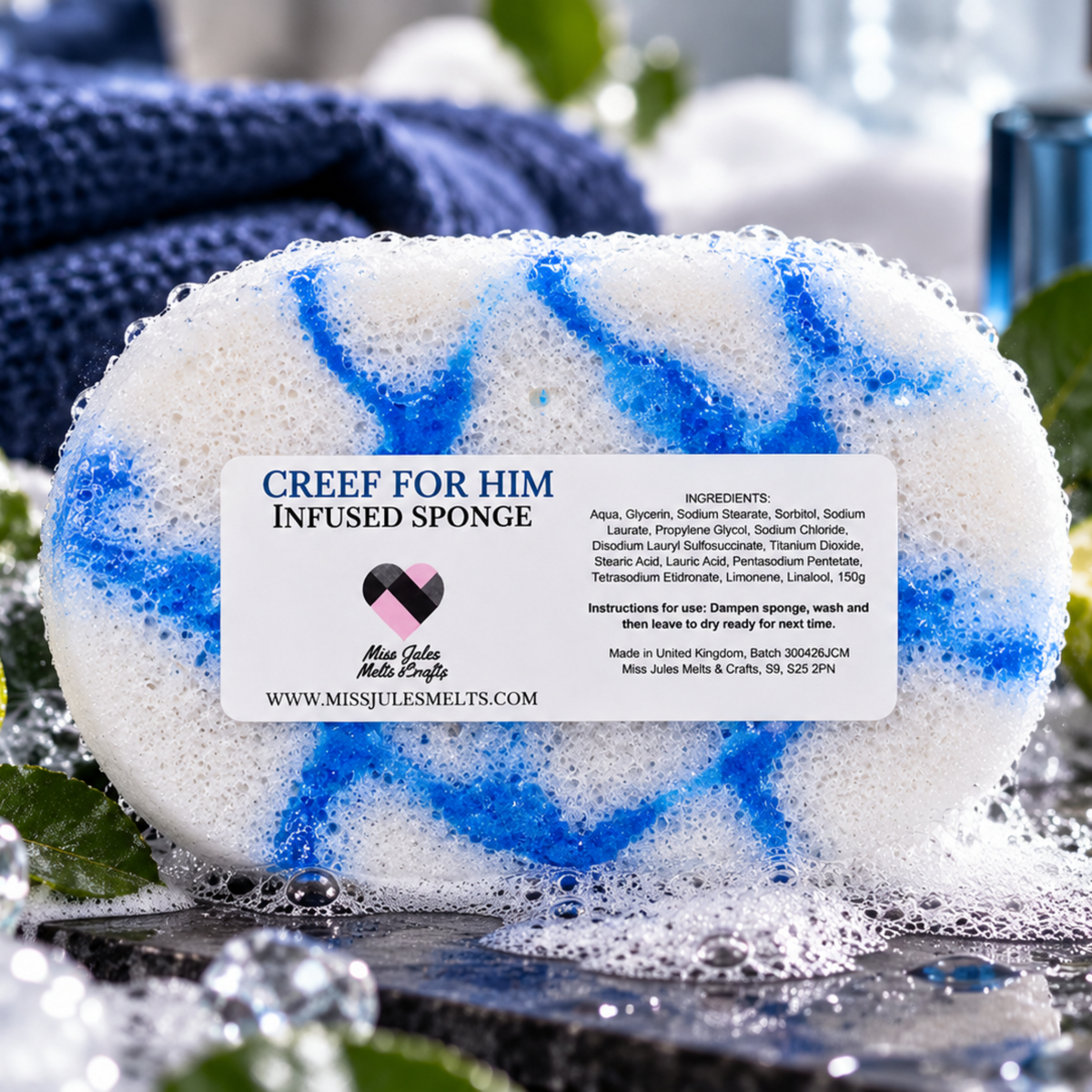 Creed For Him inspired soap infused shower sponge containing 150g of fragranced soap by Miss Jules Melts & Crafts.