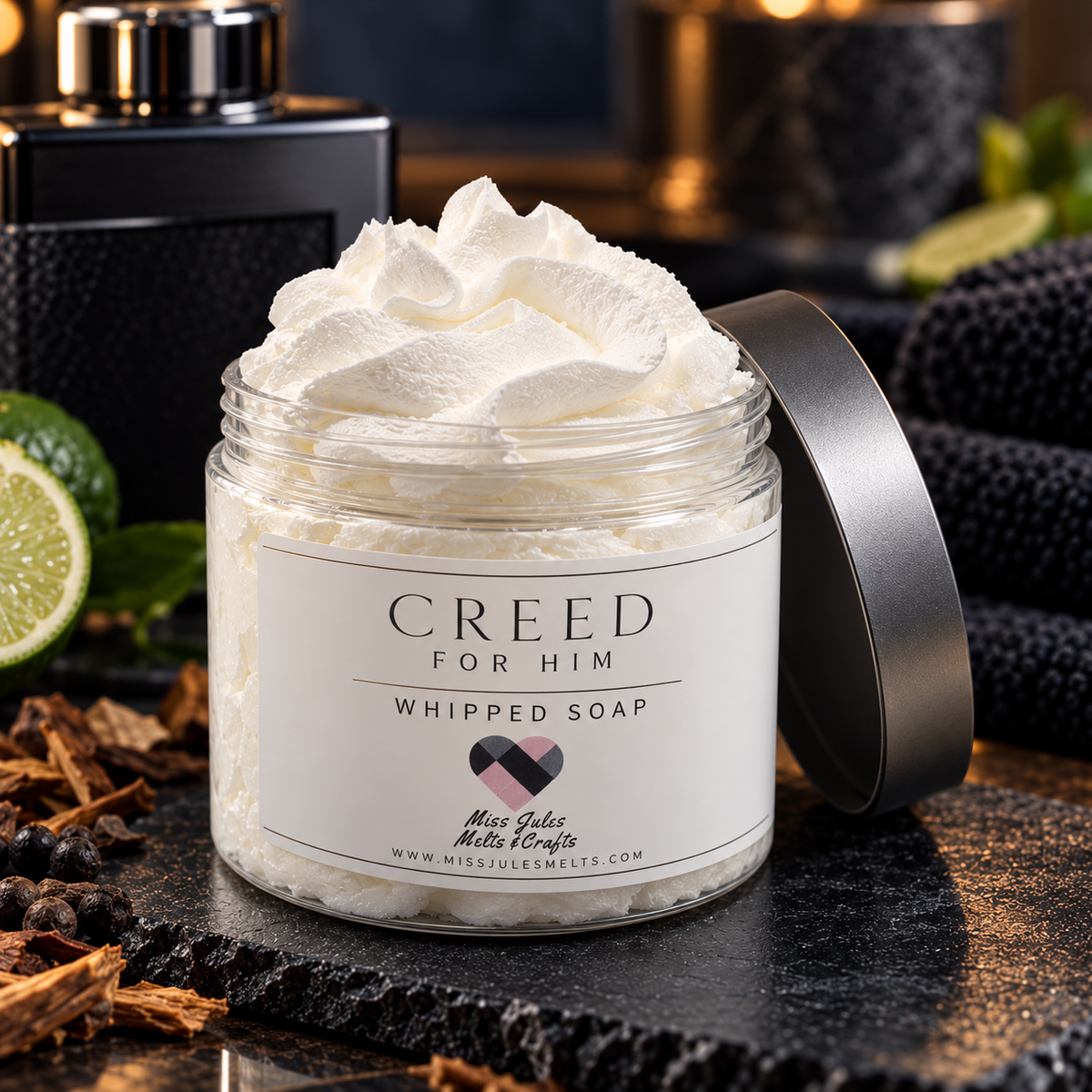 200ml pot of Creed For Him inspired whipped soap by Miss Jules Melts & Crafts.