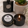 Dark Opium scented wooden wick crackle candle in a 4oz tin by Miss Jules Melts & Crafts.