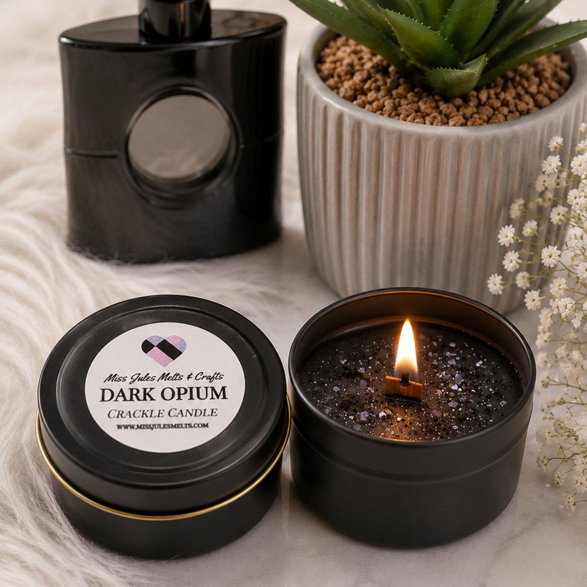 Dark Opium scented wooden wick crackle candle in a 4oz tin by Miss Jules Melts & Crafts.