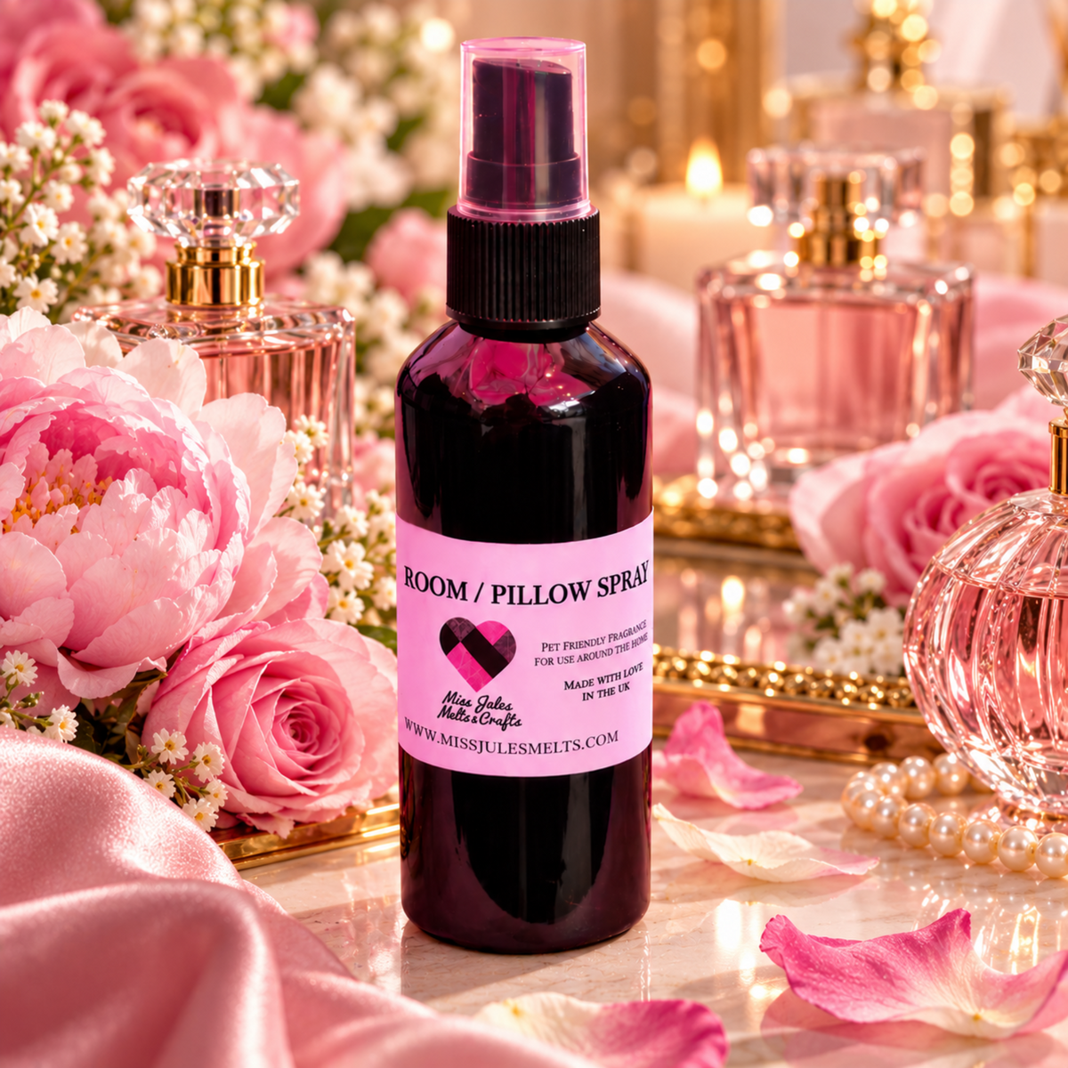 100ml perfume inspired water-based room spray for her by Miss Jules Melts & Crafts, with a choice of feminine home fragrance scents.