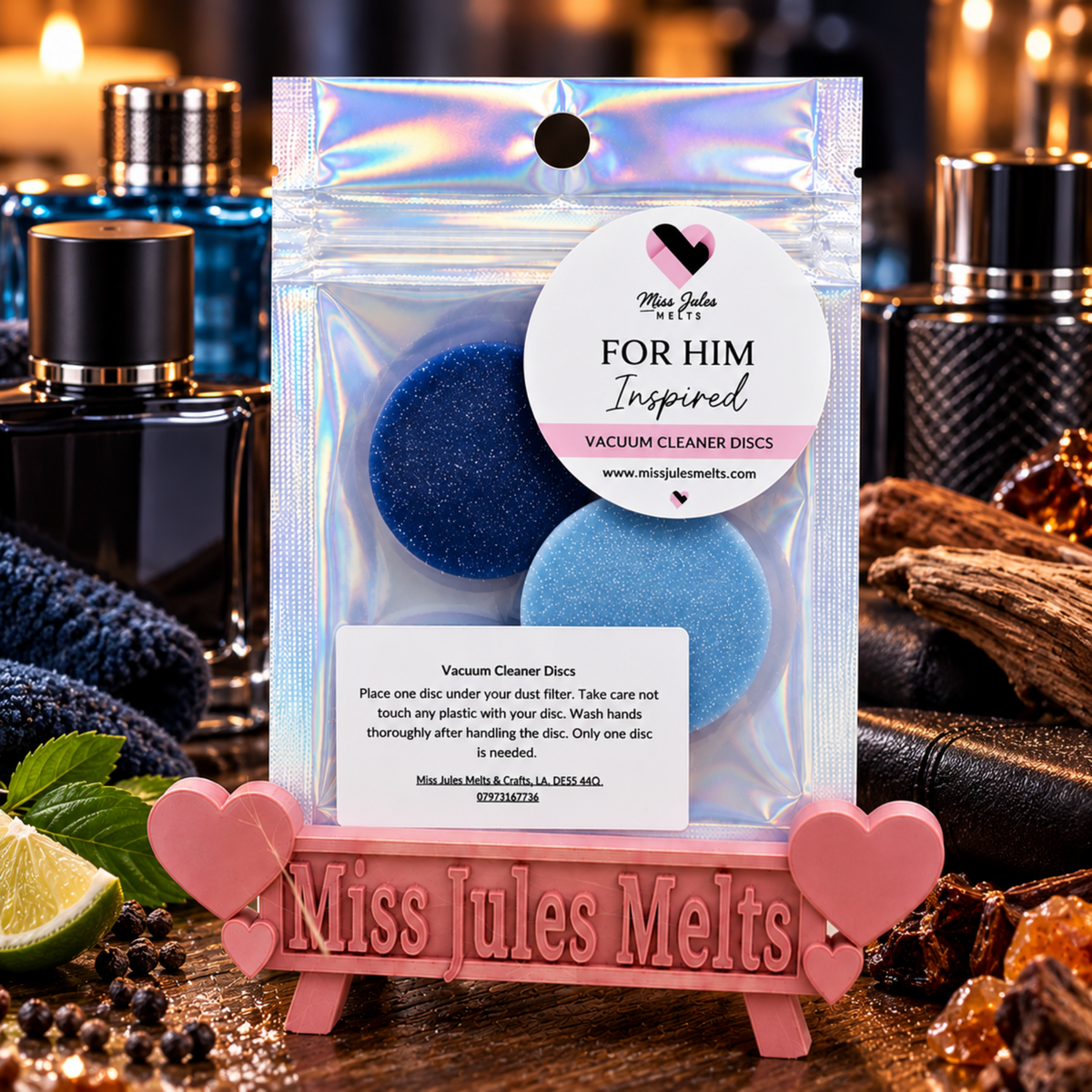 For Him aftershave-inspired vacuum fragrance discs by Miss Jules Melts & Crafts, available in a choice of masculine scents.