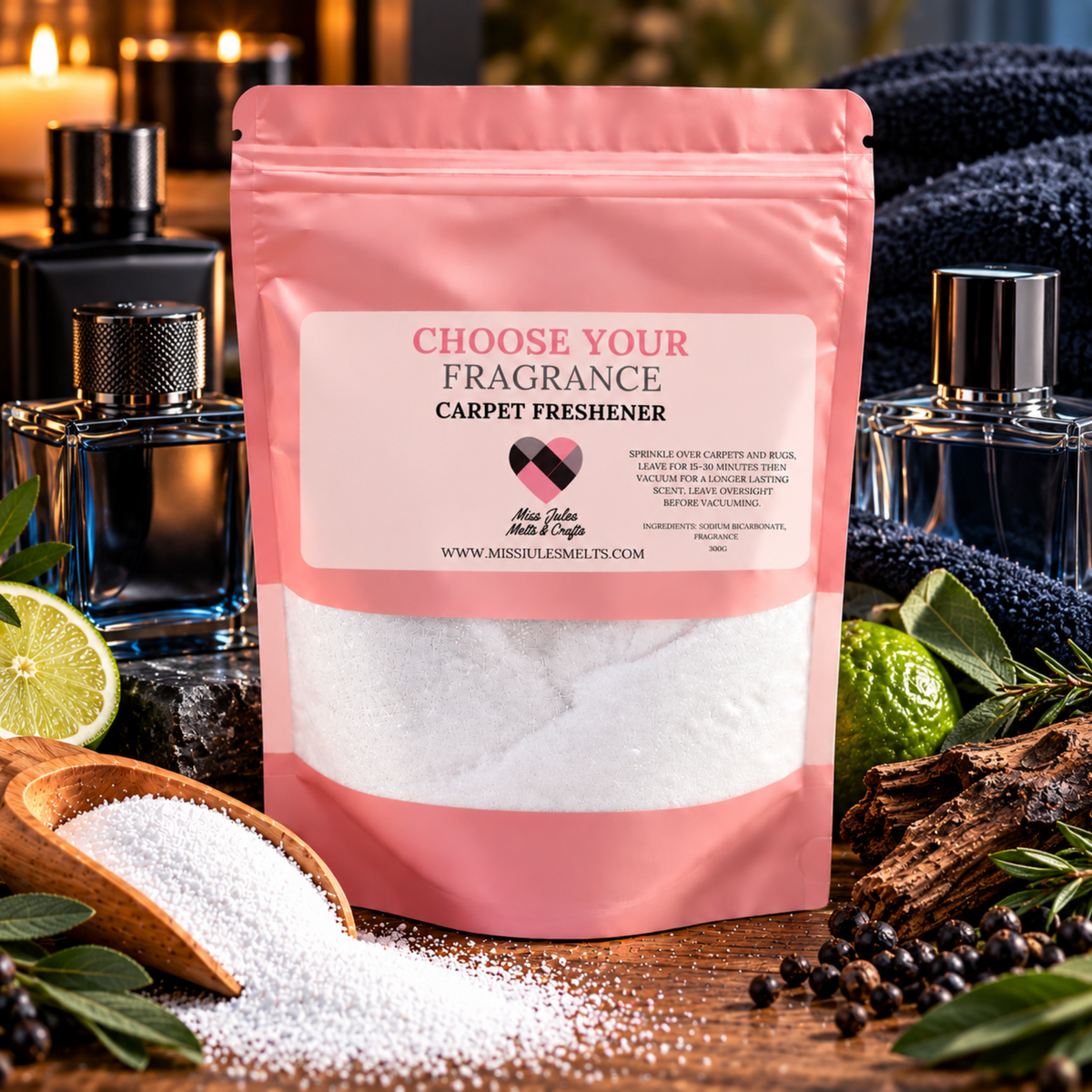 Home Baking Inspired Carpet Freshener 300g refill pouch by Miss Jules Melts & Crafts.