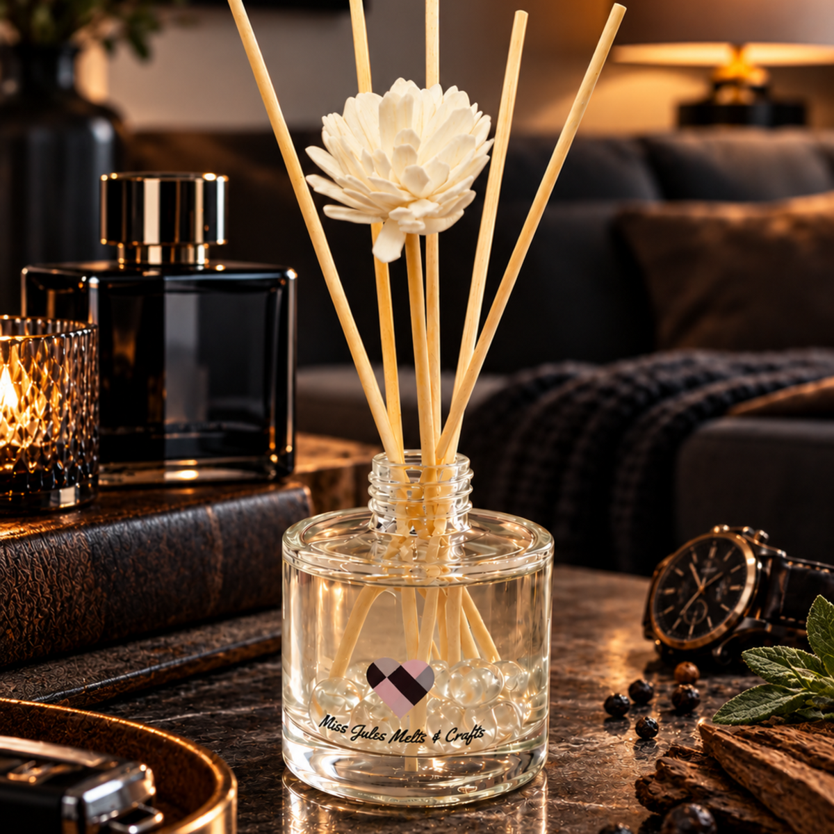 100ml For Him aftershave-inspired reed diffuser with decorative floral reeds by Miss Jules Melts & Crafts.