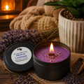 French Lavender scented wooden wick crackle candle in a 4oz tin by Miss Jules Melts & Crafts.