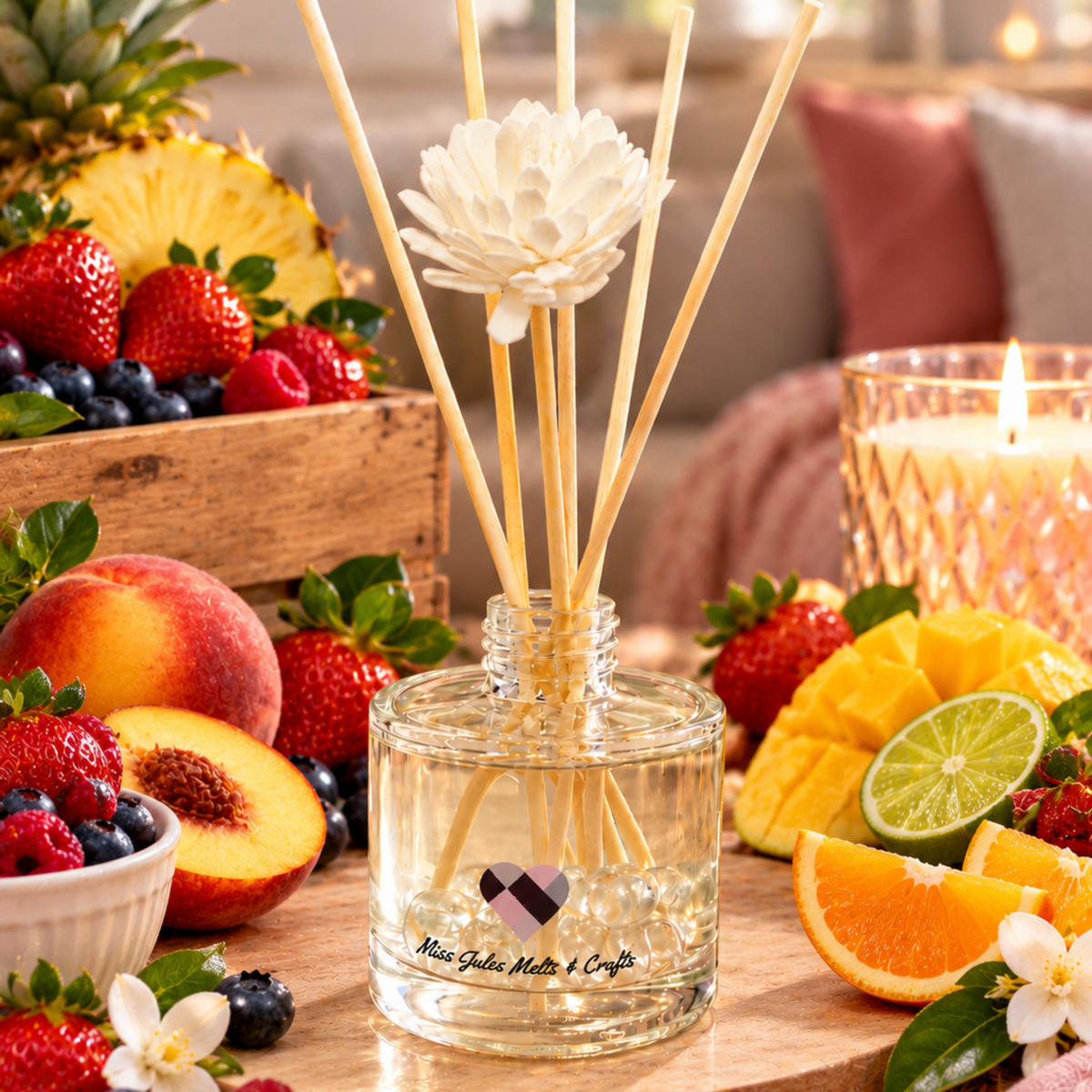 100ml fruit-inspired reed diffuser with decorative floral reeds by Miss Jules Melts & Crafts.