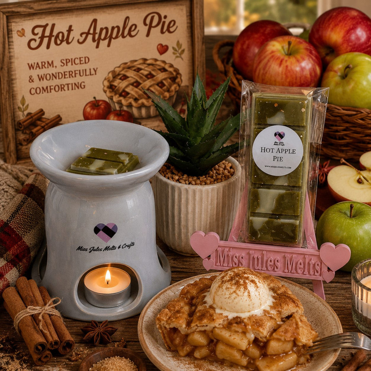 Hot Apple Pie scented wax melts by Miss Jules Melts & Crafts with a sweet apple pie-inspired fragrance