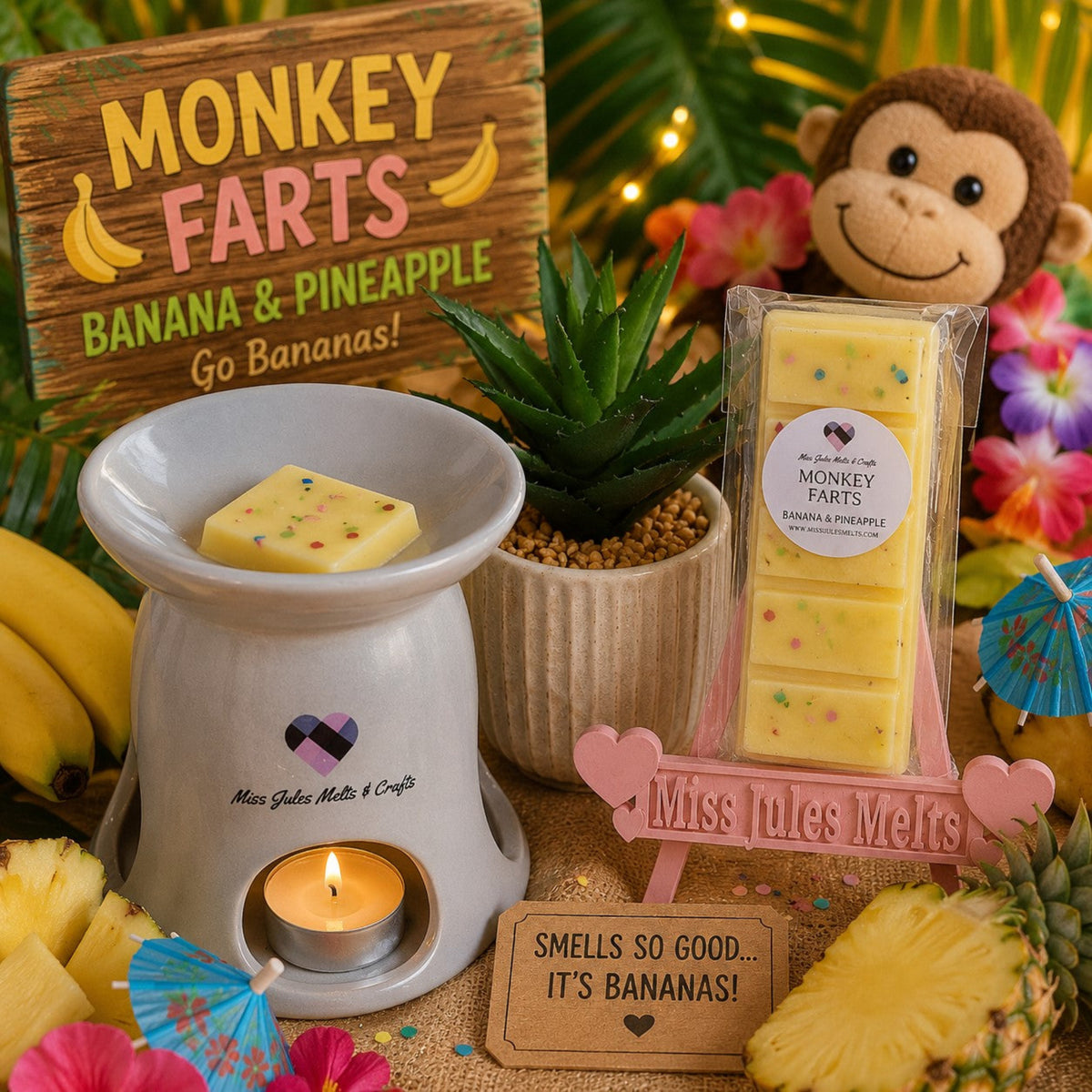 Monkey Farts scented wax melts by Miss Jules Melts & Crafts with a sweet, fruity and tropical-inspired fragrance