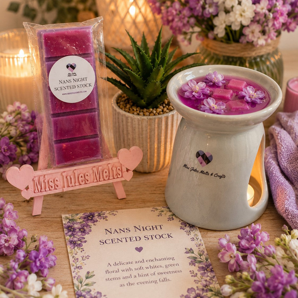 Nan's Night Scented Stock wax melts by Miss Jules Melts & Crafts, a sentimental floral fragrance created in loving memory of nan
