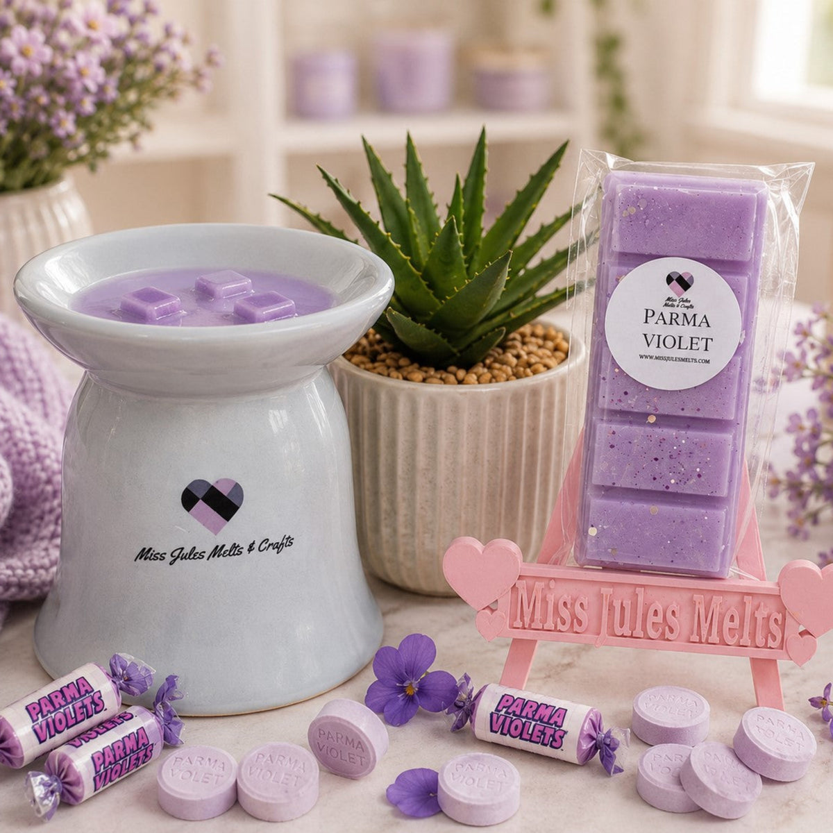 Parma Violet scented wax melts by Miss Jules Melts & Crafts with a sweet, powdery violet floral fragrance