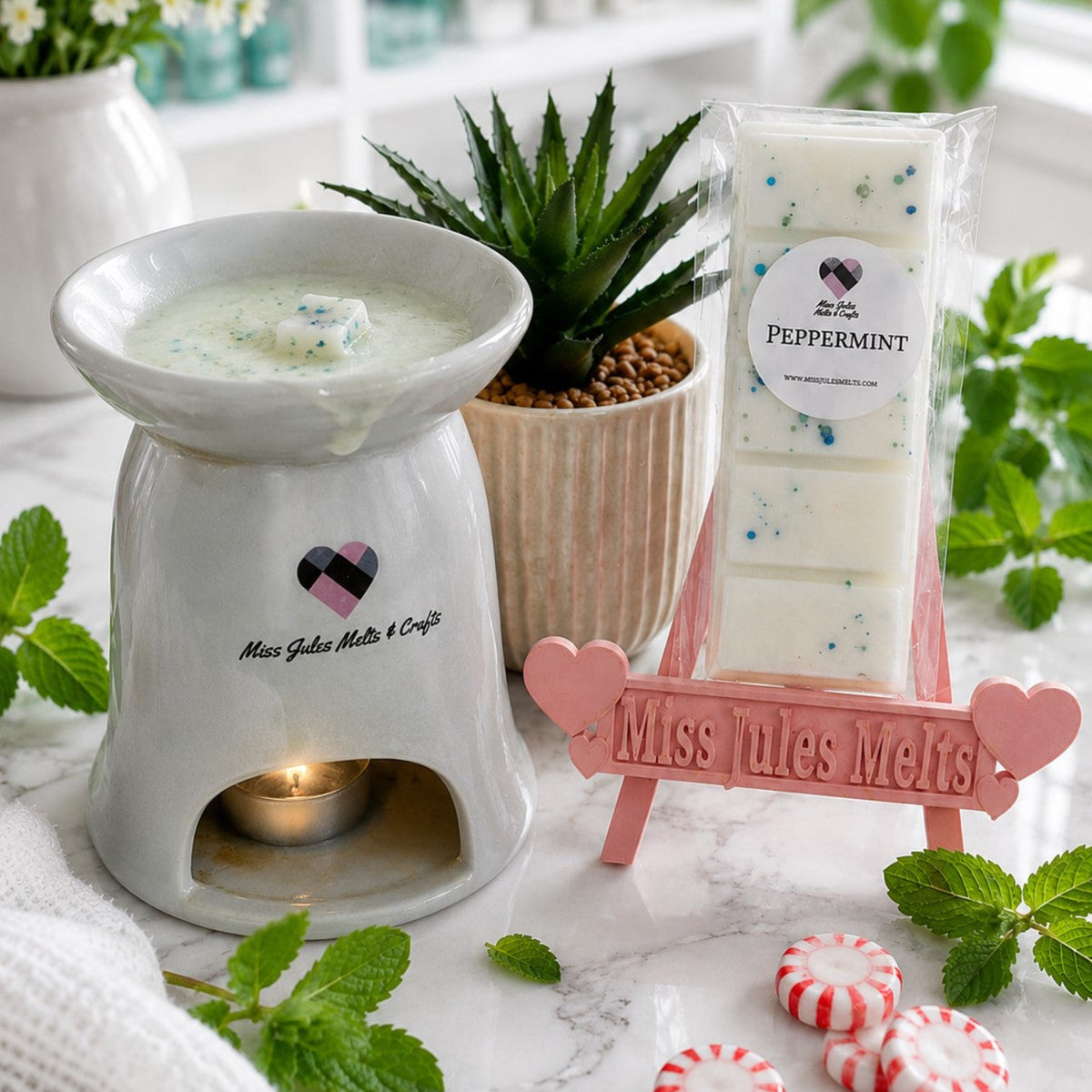 Peppermint scented wax melts by Miss Jules Melts & Crafts with a crisp, cool and refreshing mint fragrance