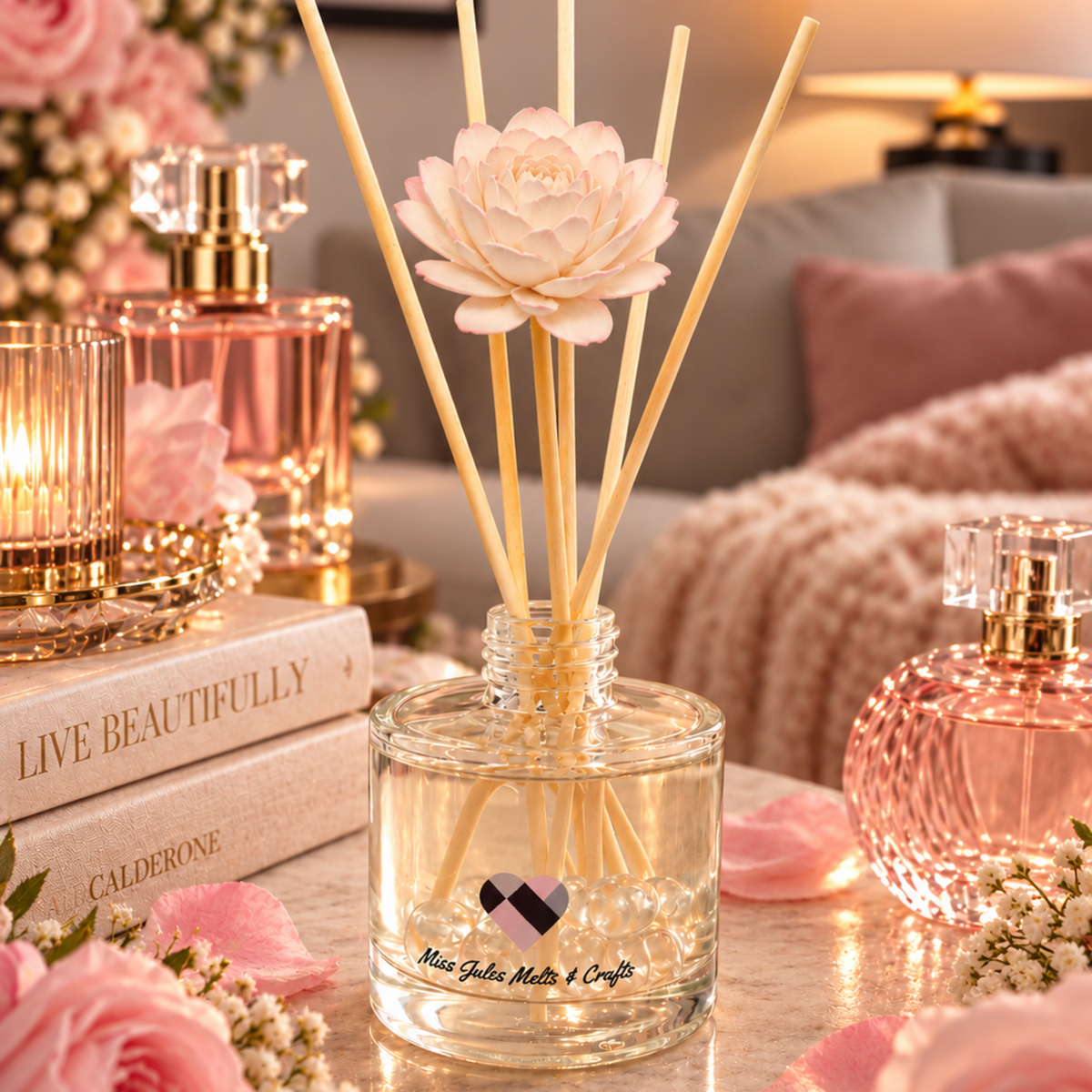100ml For Her perfume-inspired reed diffuser with decorative floral reeds by Miss Jules Melts & Crafts.