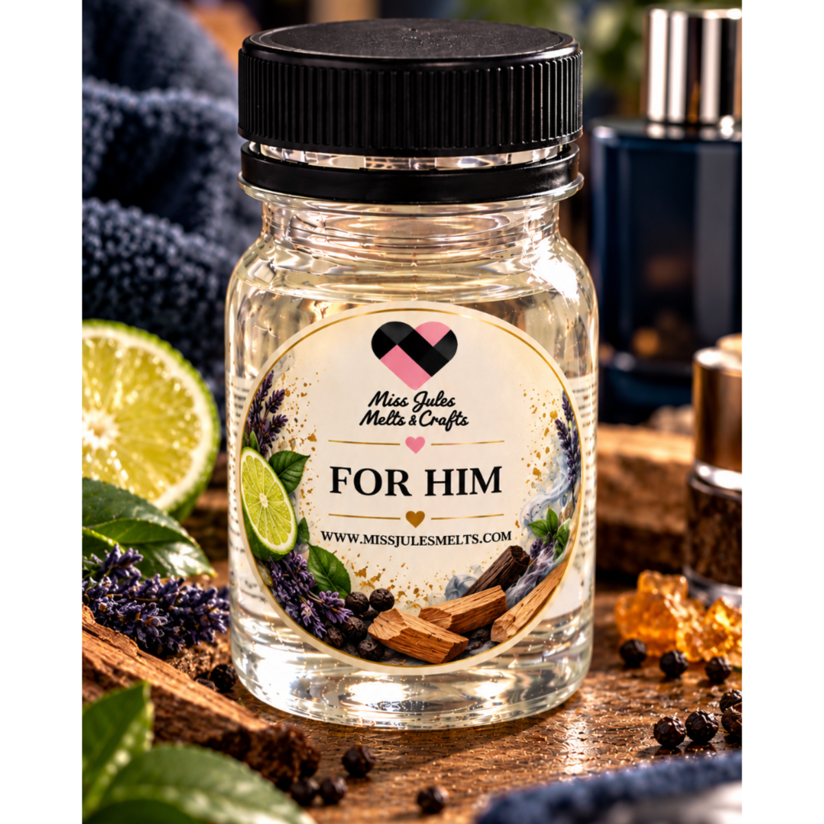 For Him aftershave-inspired diffuser oils by Miss Jules Melts & Crafts, available in a choice of masculine fragrances.