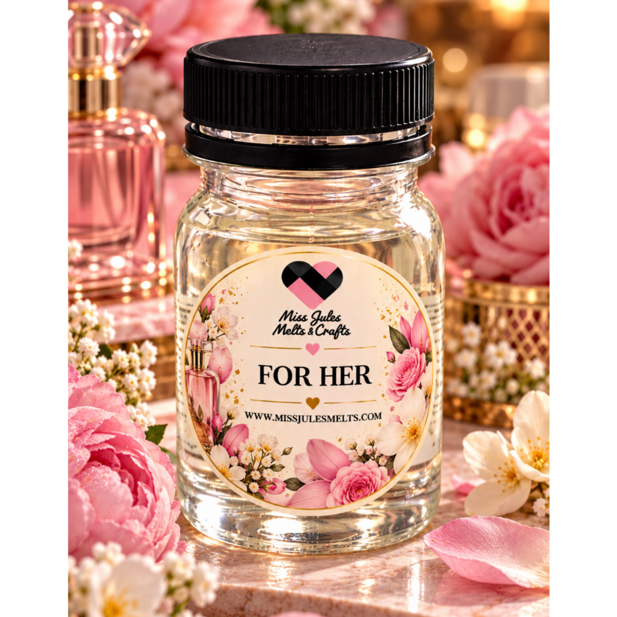 For Her perfume-inspired diffuser oils by Miss Jules Melts & Crafts, available in a choice of feminine fragrances.