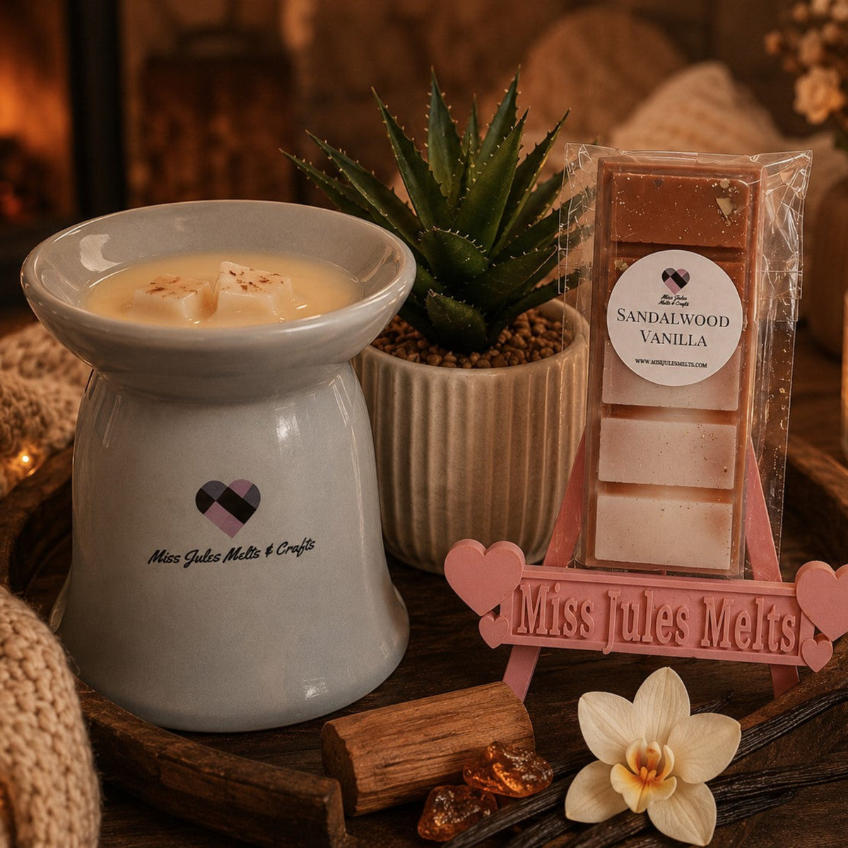 Sandalwood Vanilla scented wax melts by Miss Jules Melts & Crafts with a warm woody and creamy vanilla fragrance