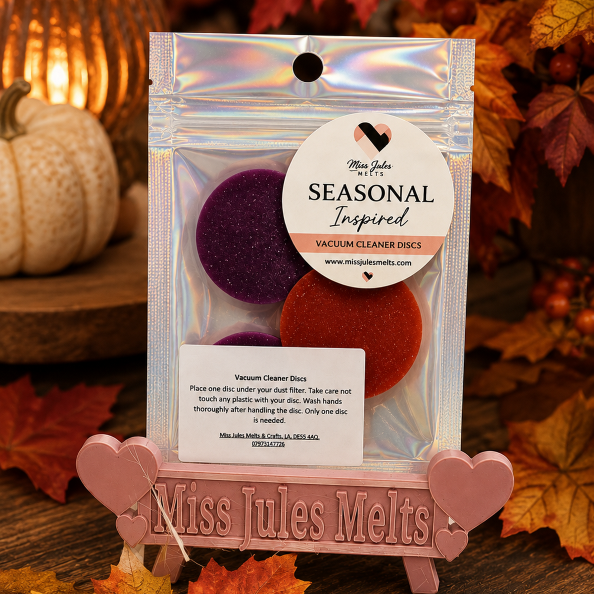 Pack of 2 seasonal fragranced vacuum discs by Miss Jules Melts & Crafts for a fresh-smelling home.