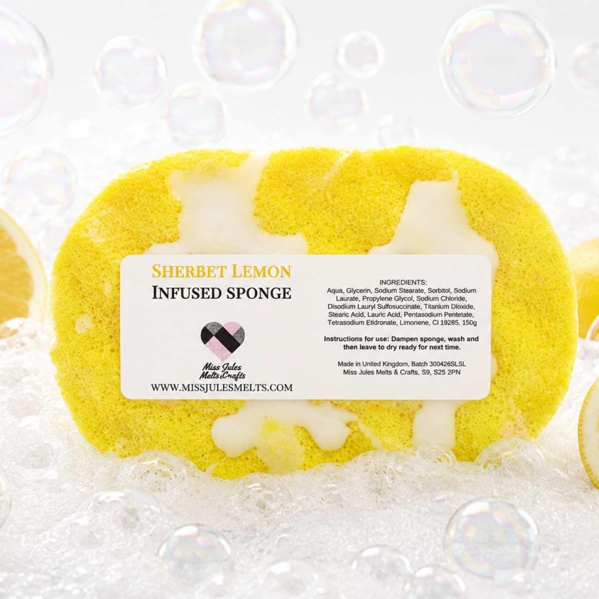 Sherbet Lemon soap infused shower sponge containing 150g of fragranced soap by Miss Jules Melts & Crafts.