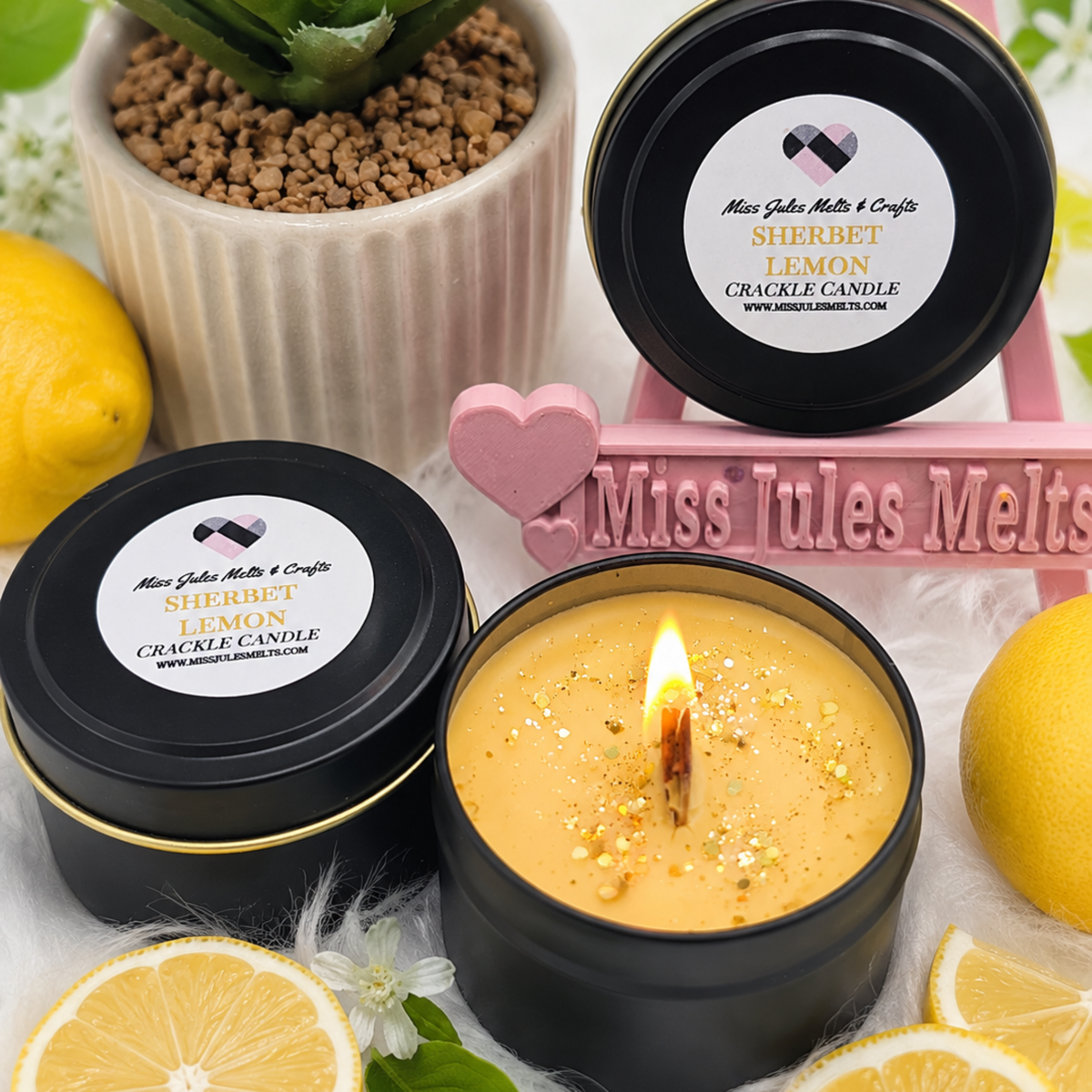 Sherbet Lemon scented wooden wick candle in a 4oz tin by Miss Jules Melts & Crafts.