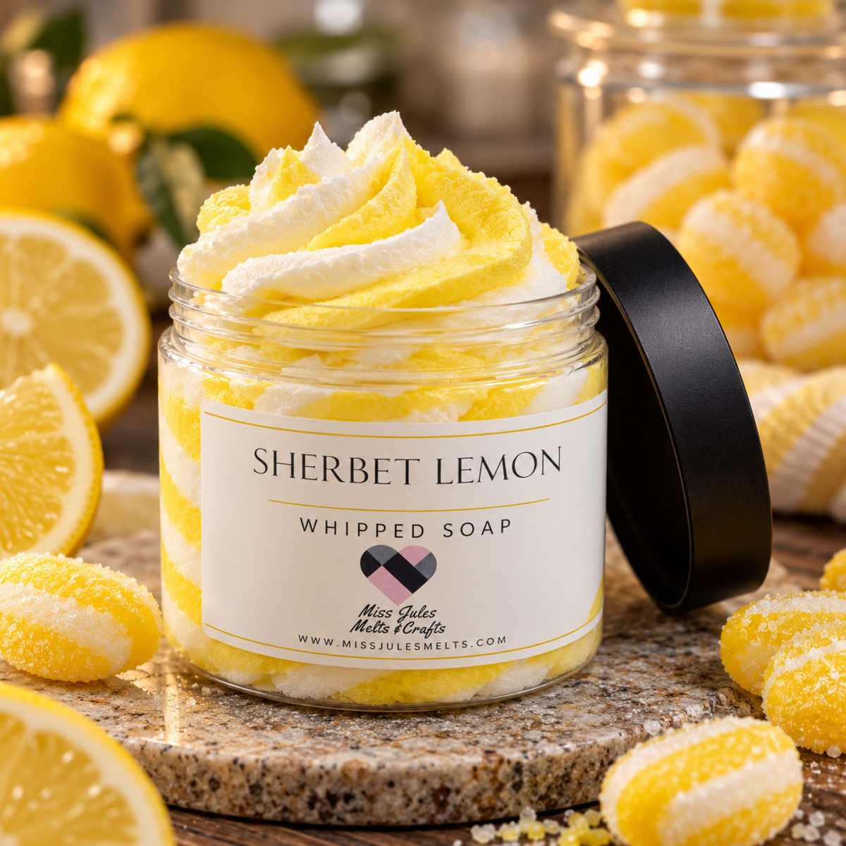 200ml pot of Sherbet Lemonwhipped soap by Miss Jules Melts & Crafts.