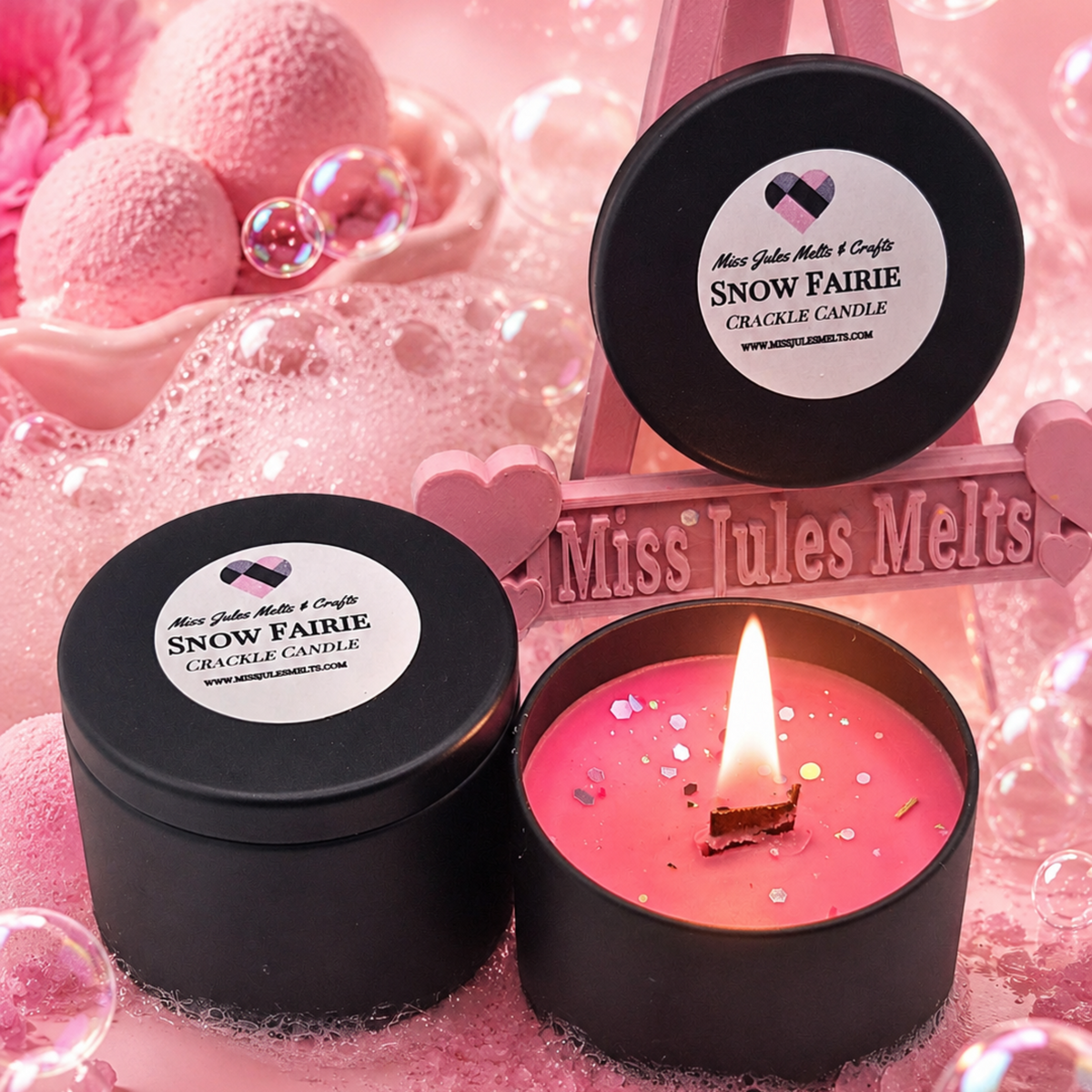 Snow Fairie scented wooden wick crackle candle in a 4oz tin by Miss Jules Melts & Crafts.