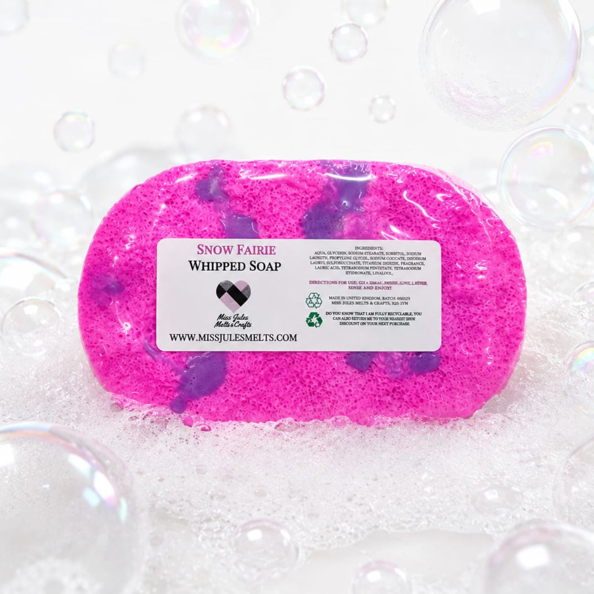 Snow Fairie inspired soap infused shower sponge by Miss Jules Melts & Crafts with a sweet candyfloss-inspired fragrance.
