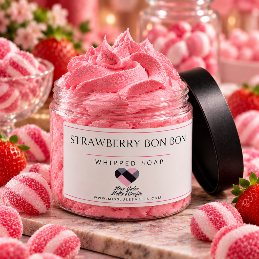 200ml pot of Strawberry Bon Bon Whipped Soap with a sweet strawberry fragrance by Miss Jules Melts & Crafts.
