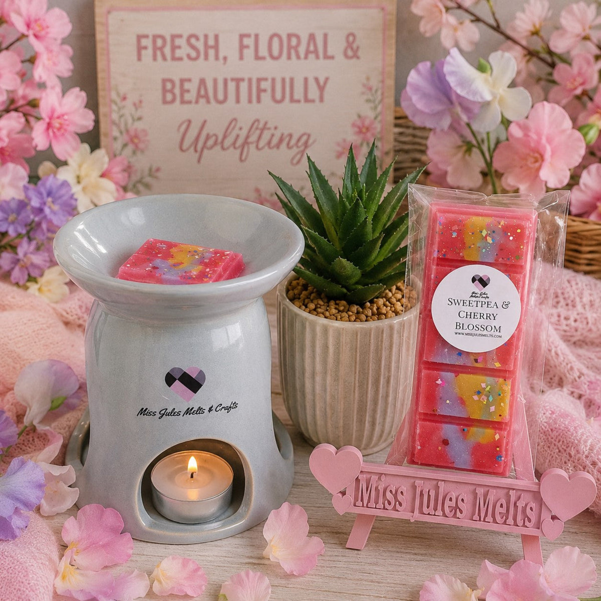 Sweetpea and Cherry Blossom scented wax melts by Miss Jules Melts & Crafts with a fresh laundry-inspired floral fragrance
