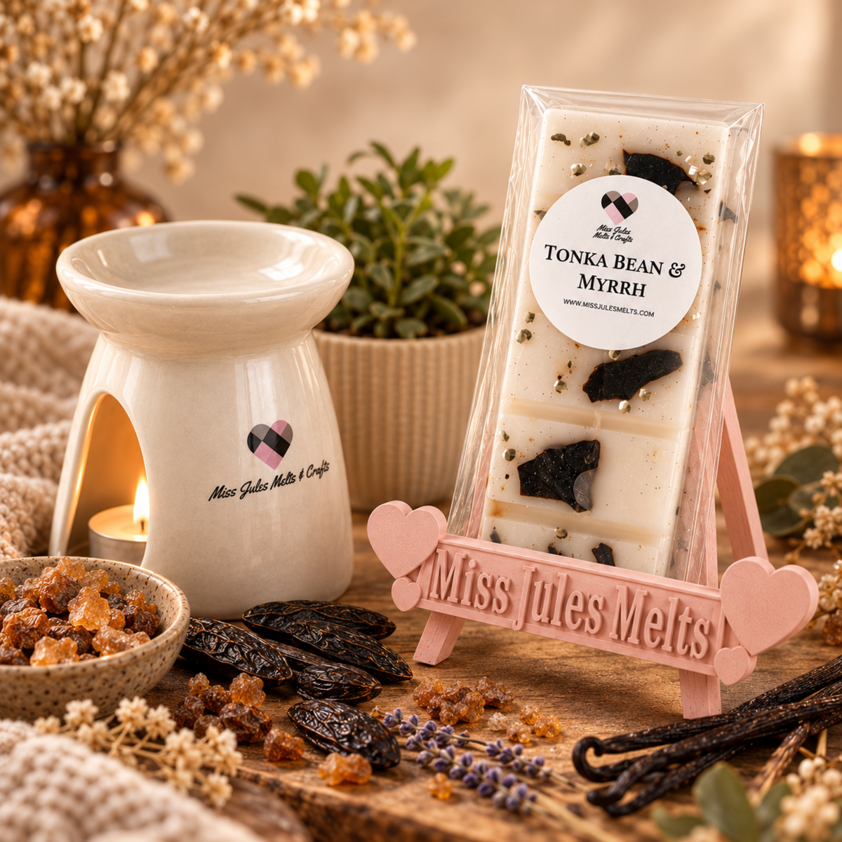 Tonka Bean & Myrrh scented wax melt snap bar from Miss Jules Melts & Crafts.