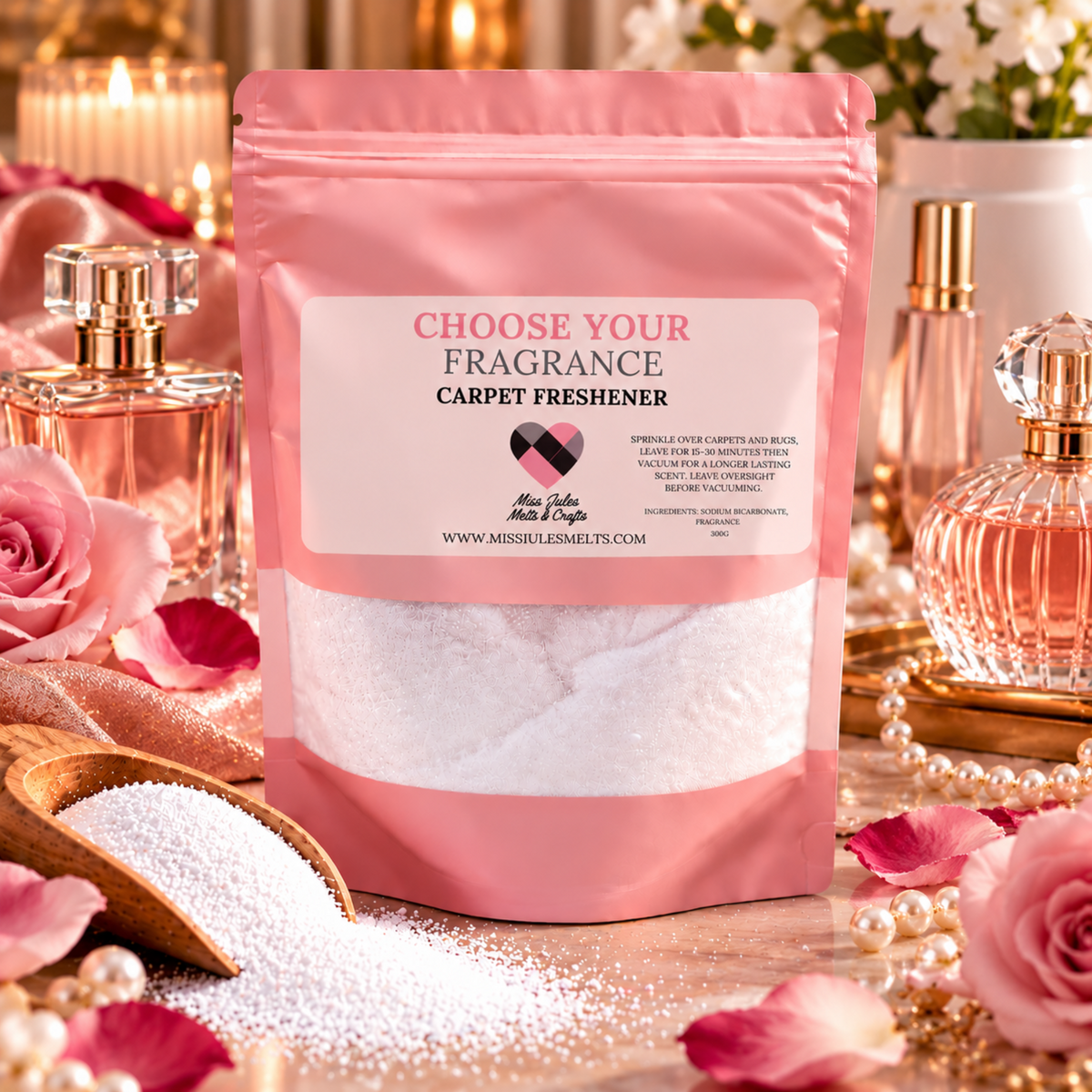 For Her Perfume Inspired Carpet Freshener 300g refill pouch by Miss Jules Melts & Crafts.