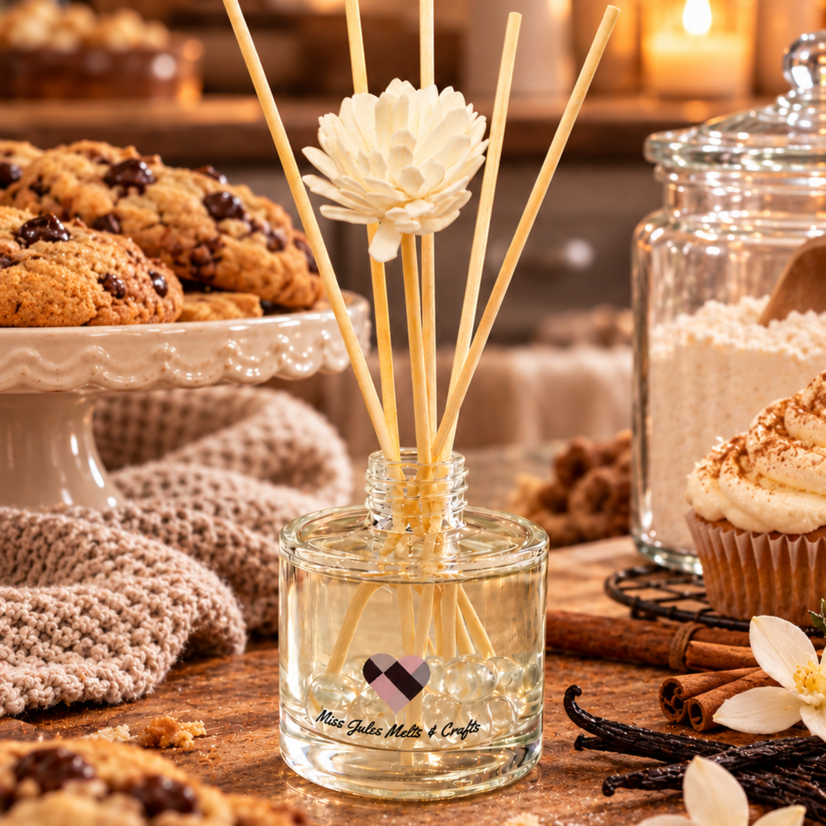 100ml home baking-inspired reed diffuser with decorative floral reeds by Miss Jules Melts & Crafts.
