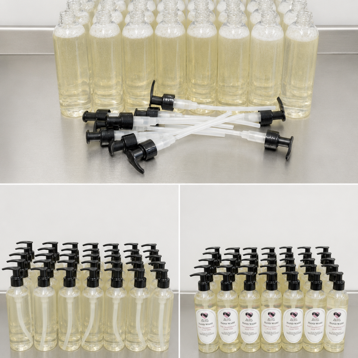 A collage showing multiple clear plastic pump bottles filled with pale yellow liquid, arranged on a light gray surface against a white wall. The top panel shows the empty bottles and several black-and-white pump dispensers; the bottom panels show the bottles filled and labeled with cow-print stickers.