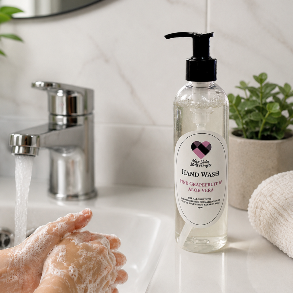 A clear pump bottle of hand wash with a black dispenser sits on a bathroom counter beside a sink with running water and a person washing their hands. The label reads 'Mr.
